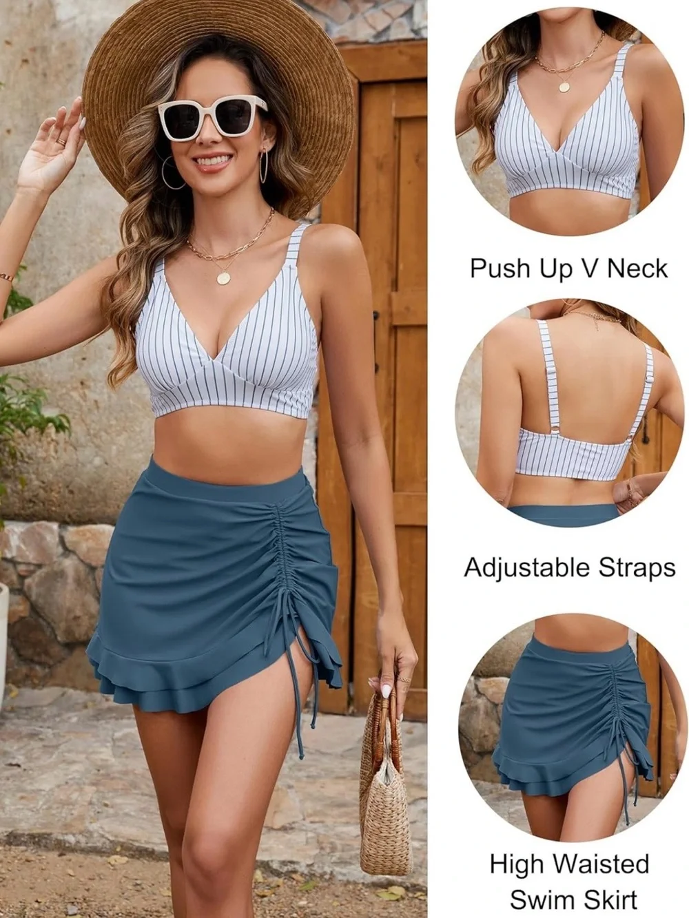 Blooming Jelly Two Piece Striped Bralette Top & Ruffle High Waisted Swimsuit